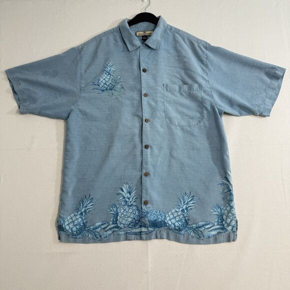 Tommy Bahama Relax Silk Shirt Mens Medium Teal Blue Short Sleeve Pineapple Print - Picture 1 of 7